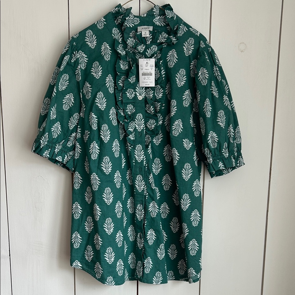 J. Crew Green Floral Ruffle Front Blouse